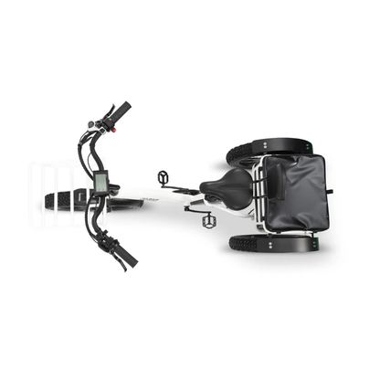Top view of the ComfyGo FORTE Electric Tricycle, showcasing wide handlebars, a front basket, digital display, pedals, two large all-terrain rear wheels, and a spacious black cargo bag over the rear axle.