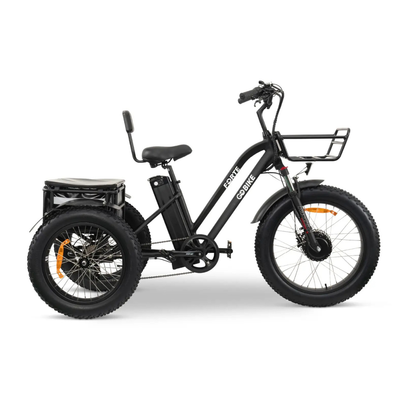 The ComfyGo FORTE Electric Tricycle is a black all-terrain electric trike featuring fat tires, a front basket, rear cargo space, and a padded seat with backrest—ideal for carrying passengers and cargo in comfort.