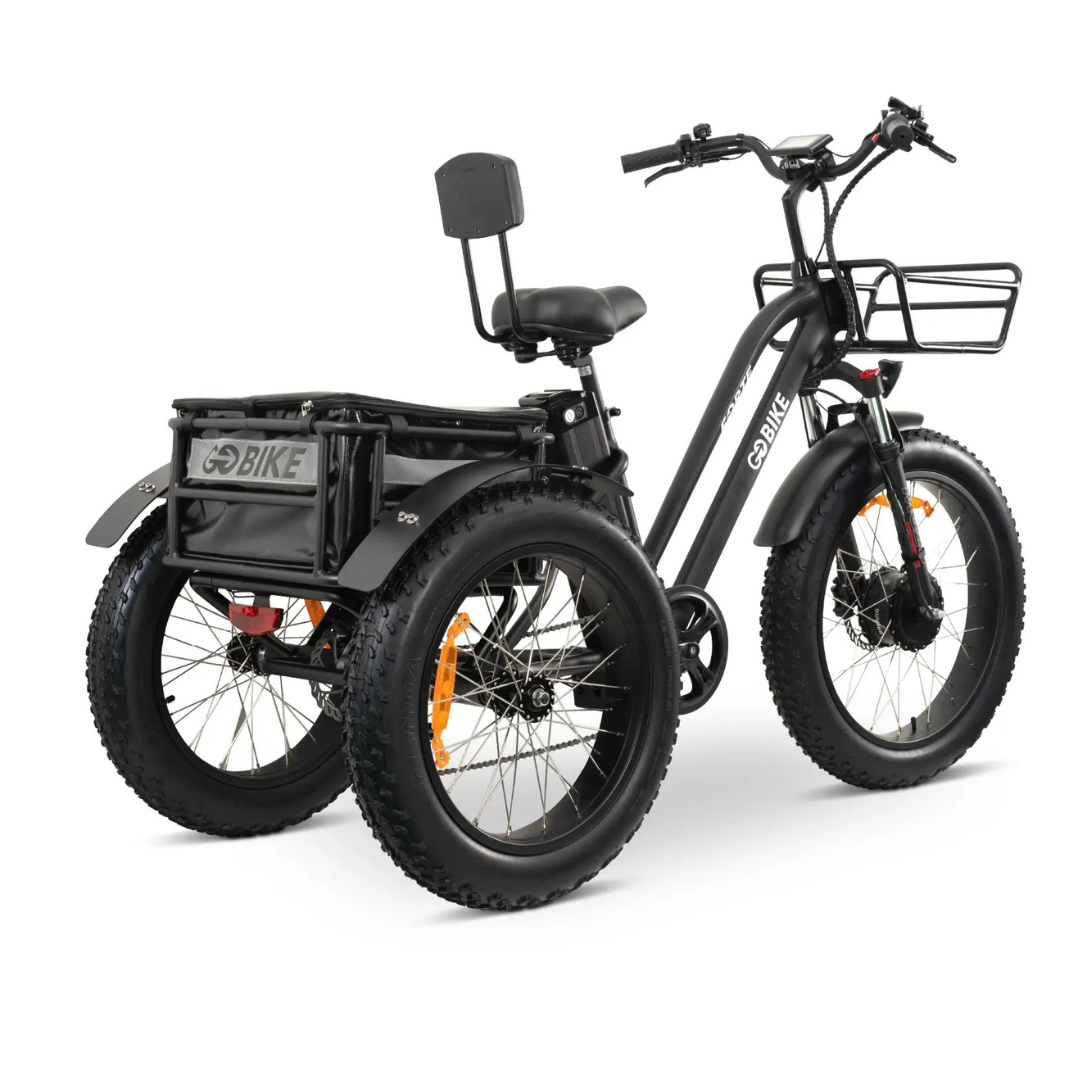 A black ComfyGo FORTE Electric Tricycle with fat tires, a front basket, rear storage, and padded backrest is shown against a white background. This all-terrain e-trike ensures comfort and convenience on every ride.