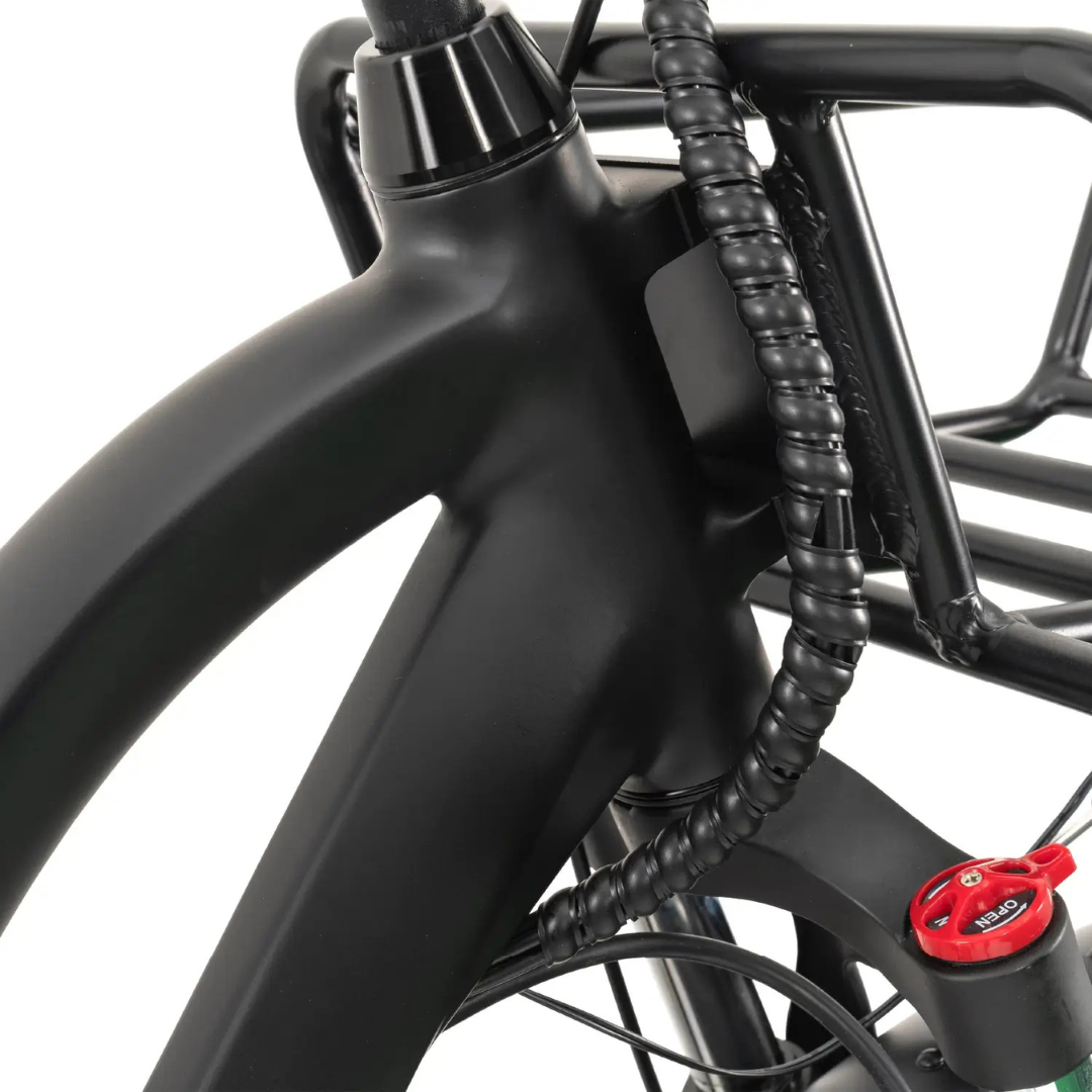 Close-up of the ComfyGo FORTE Electric Tricycle’s matte black frame and front rack, highlighting wrapped cables and a red adjustment knob near the handlebars—distinctive features that make this electric trike stand out.