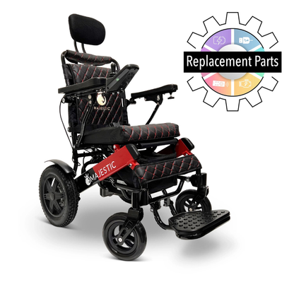 A black and red electric wheelchair with quilted cushioning is shown beside a gear-shaped graphic labeled "Replacement Parts," highlighting ComfyGo IQ-9000 Electric Wheelchair Replacement Parts and colorful repair icons.