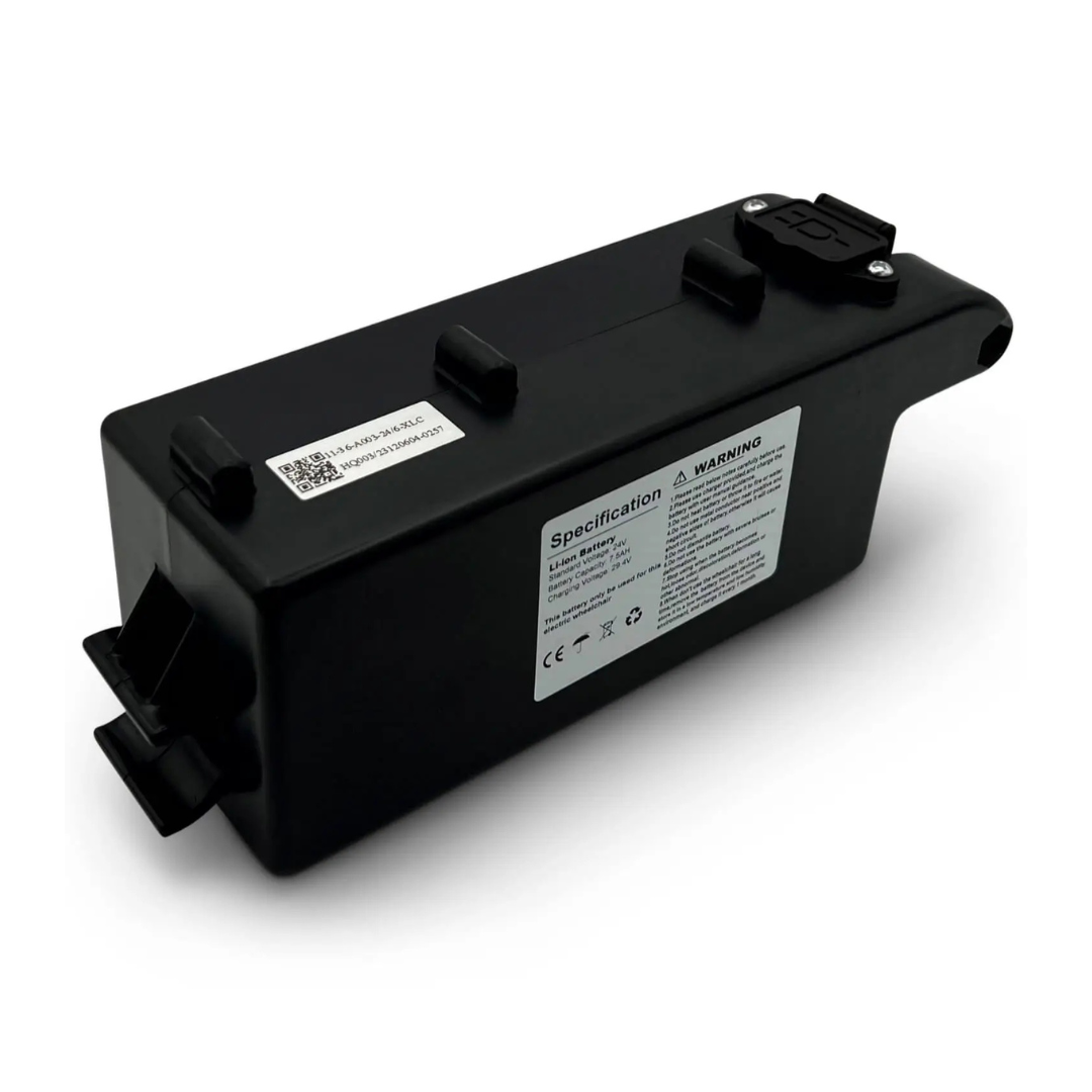 A black rectangular lithium-ion battery pack with a label, charging port, and two mounting brackets; this ComfyGo IQ-9000 Electric Wheelchair Replacement Part is ideal for repairs or replacements.