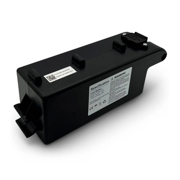 A black rectangular lithium-ion battery pack with a label, charging port, and two mounting brackets; this ComfyGo IQ-9000 Electric Wheelchair Replacement Part is ideal for repairs or replacements.