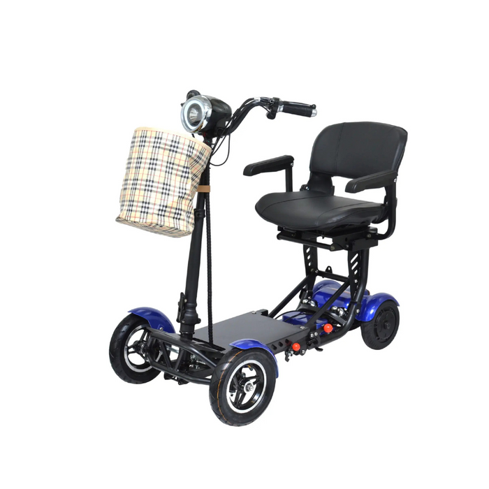 The ComfyGo MS-3000 is a foldable mobility scooter featuring a black frame, blue-accented wheels, and a cushioned seat with armrests. It includes a tartan-patterned basket on the handlebar and front headlight for eco-friendly urban commuting.