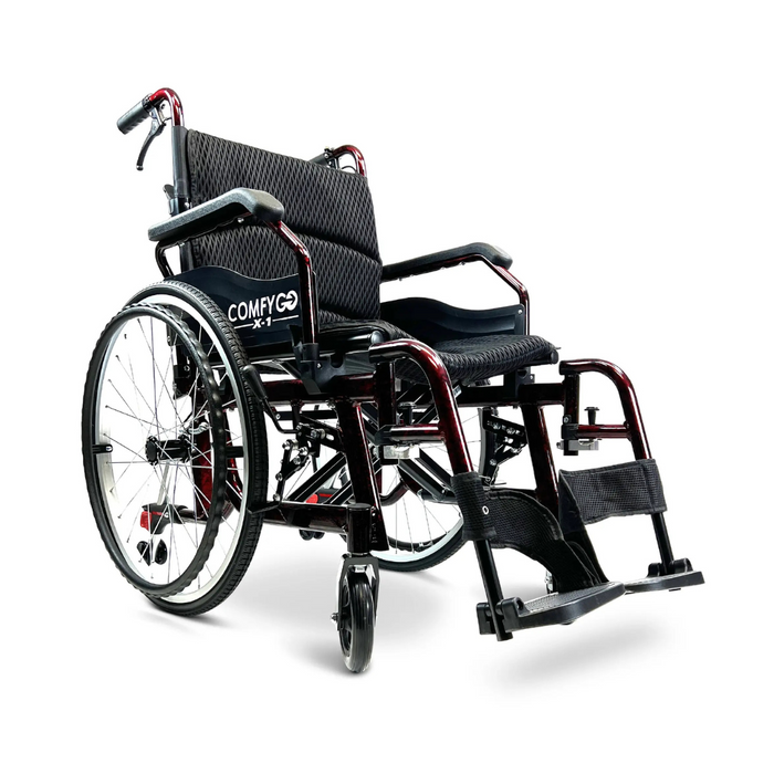The ComfyGo X-1 Lightweight Manual Wheelchair offers enhanced mobility with sleek black and red design. It features a padded seat and backrest, large quick-detach rear wheels, smaller front wheels, foldable footrests, and bears the brand name ComfyGo stylishly on the backrest.