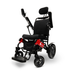 The ComfyGo MAJESTIC IQ-9000 is a black and red lightweight electric wheelchair with lithium-ion batteries, adjustable armrests, footrest, headrest, and remote control for comfortable mobility.