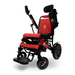 The ComfyGo MAJESTIC IQ-9000 Remote Controlled Electric Wheelchair features a red quilted seat and backrest, black frame, adjustable armrests, footrest, rear wheels, side storage pouch, and a digital joystick controller for easy navigation.