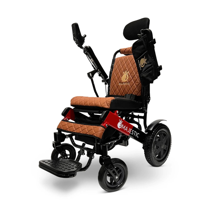 The ComfyGo MAJESTIC IQ-9000 Remote Controlled Electric Wheelchair features a quilted brown seat and backrest, striking red frame, black wheels, digital joystick controller, and a side-mounted black storage pouch.