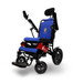 The ComfyGo MAJESTIC IQ-9000 is a blue and black electric wheelchair with padded seat, headrest, armrests, a red frame, large rear wheels, small front wheels, remote control, and Majestic on the side and seat back.