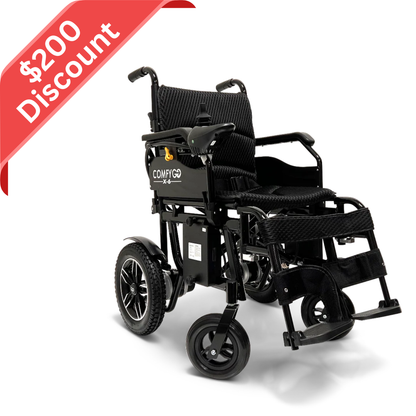 The ComfyGo X-6 ComfyGO Lightweight Electric Wheelchair is displayed on a white background with user-friendly features and a red $200 Discount banner in the top left corner.