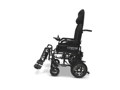 The ComfyGo X-9 Remote Controlled Powerchair in black offers enhanced comfort and mobility with its automatic reclining feature, raised seat, and angled footrests.
