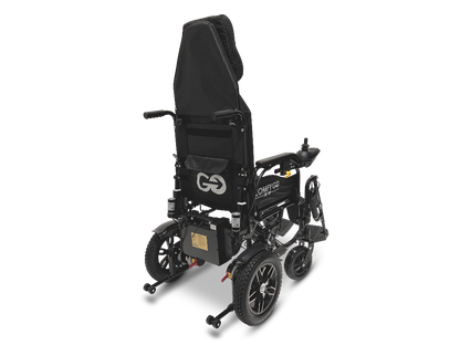 The ComfyGo X-9 Remote Controlled Powerchair in black features large wheels, a cushioned backrest, a right armrest joystick, and metallic footrests for enhanced mobility and comfort.