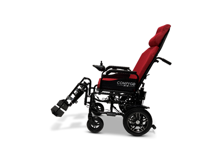 The ComfyGo X-9 Remote Controlled Powerchair features a red seat cushion, a black frame, adjustable footrests and armrests, and larger rear wheels for stability. This modern design ensures enhanced comfort and mobility while providing both style and convenience for users.