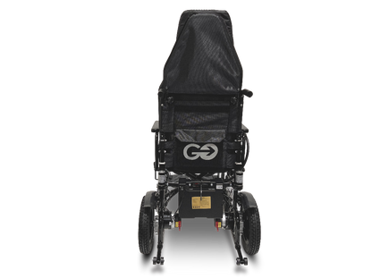 Rear view of the sleek black ComfyGo X-9, a lightweight power wheelchair with mesh backrest and footrests. This minimalistic mobility solution features a logo with arrows on the back panel, small rear wheels, and larger front wheels.