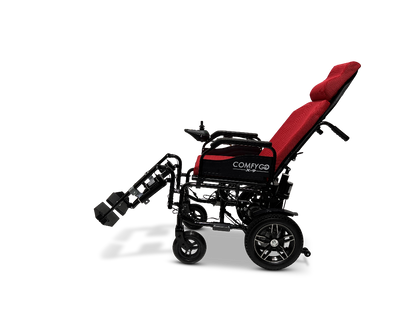 The ComfyGo X-9 Remote Controlled Powerchair features a red and black design with automatic reclining, adjustable footrests, and ergonomic support. This four-wheeled mobility solution ensures quality and reliability with the ComfyGo brand prominently displayed on the side.