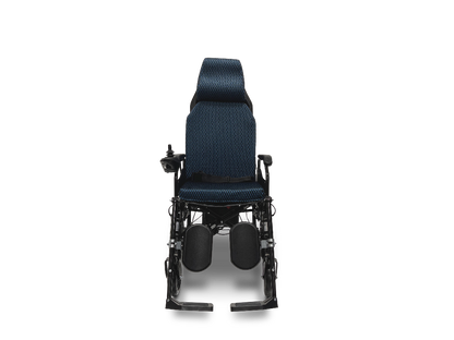 A front view of a ComfyGo X-9 Remote Controlled Powerchair with black and blue cushioned seat and backrest. It features adjustable armrests and footrests, offering a versatile mobility solution against a plain white background.