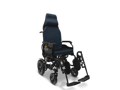 The ComfyGo X-9 Remote Controlled Pwerchair - Automatic Reclining, in blue and black, features a high backrest with head support, armrests, a footrest, and four wheels. Designed for comfort with cushioning and electronic side controls for easy use.