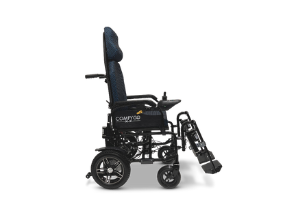 Side view of the sleek ComfyGo X-9 Remote Controlled Powerchair in black, featuring a plush blue seat. This ultimate mobility solution boasts large rear wheels, smaller front wheels, and a foldable footrest for added convenience.