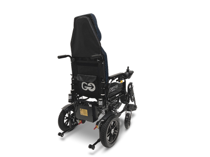 The ComfyGo X-9 Remote Controlled Powerchair, shown from the rear, is black with a high backrest. It has a sturdy design featuring large rear wheels, anti-tip wheels, visible branding on the frame, and a small box under the seat, providing an innovative mobility solution.