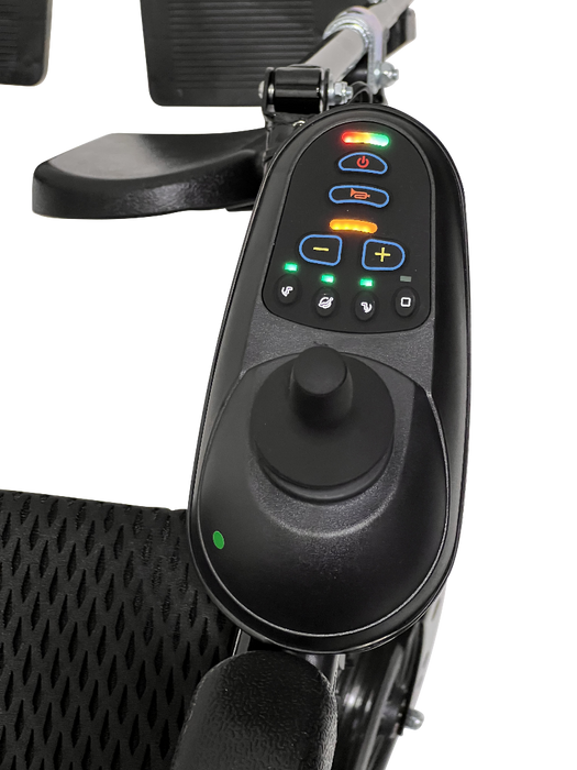 Close-up of the ComfyGo X-9 Powerchairs control panel shows a joystick, buttons with icons, and green, orange, and red indicator lights. The essential mobility solution has black mesh texture seat fabric.