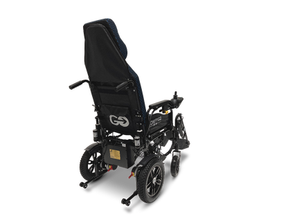 The ComfyGo X-9 Remote Controlled Powerchair is depicted from the rear, showcasing a sleek black design with a padded seat and backrest. It features large rear wheels, small front wheels, a right armrest control panel, visible branding on the frame, and offers a compact mobility solution.