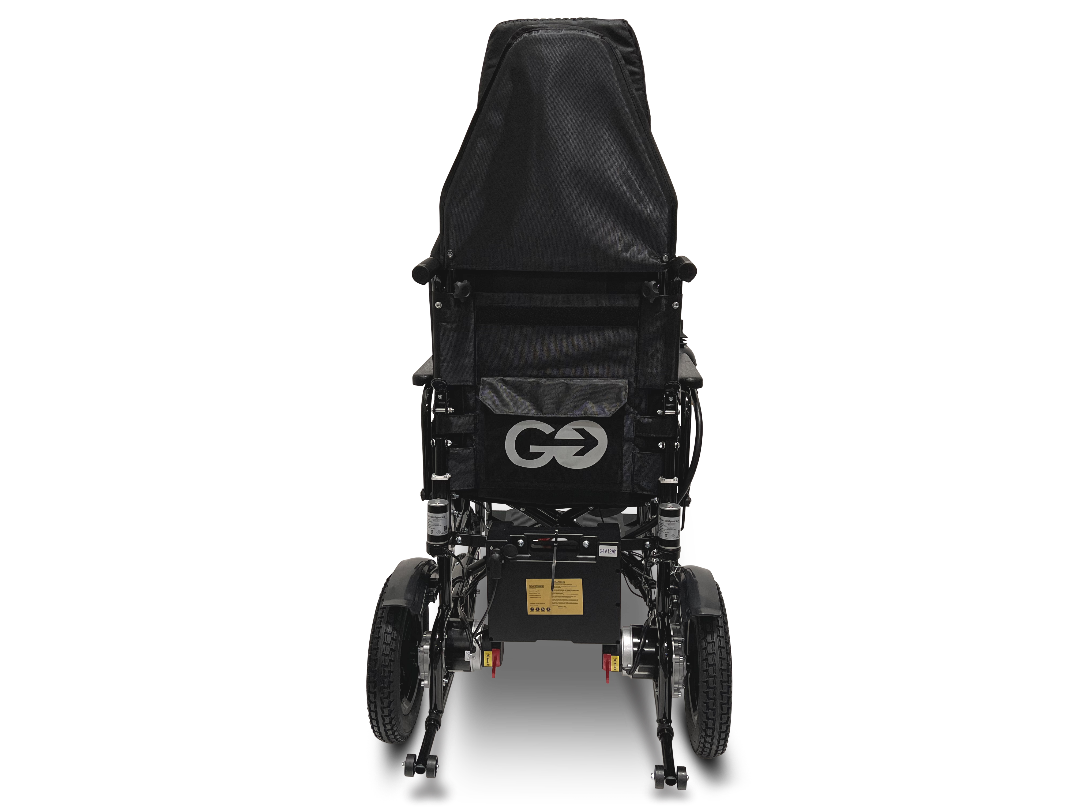 The ComfyGo X-9 Remote Controlled Powerchair - Automatic Reclining, in black mesh with a high backrest, showcases a rear white logo: arrows forming an O around a G. Its sturdy wheels and reflective strip enhance this innovative mobility solution.