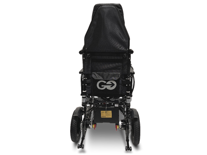 The ComfyGo X-9 Remote Controlled Powerchair - Automatic Reclining, in black mesh with a high backrest, showcases a rear white logo: arrows forming an O around a G. Its sturdy wheels and reflective strip enhance this innovative mobility solution.
