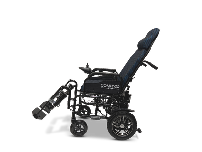 The ComfyGo X-9 Remote Controlled Powerchair - Automatic Reclining offers superior mobility with a reclined position, adjustable footrest, black frame, and cushioned seat/backrest. Its sleek design includes a small rear wheel and larger front wheel for modern styling.