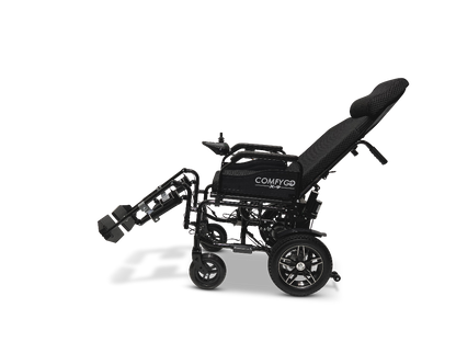 Elevate your mobility with the ComfyGo X-9 Remote Controlled Powerchair. Its automatic reclining, footrests, and sleek black frame ensure comfort and style. The cushioned seat offers relaxation, while the ComfyGo brand guarantees quality.