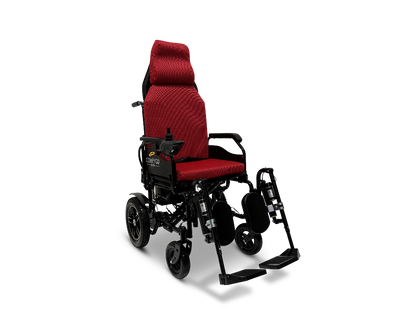 Discover the ultimate mobility with the ComfyGo X-9 Remote Controlled Powerchair, boasting a red cushioned seat and modern black frame accents. It features adjustable footrests, armrests, automatic reclining, and an arm-mounted controller for easy navigation.