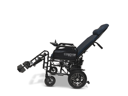 The ComfyGo X-9 Remote Controlled Powerchair boasts a sleek black and blue design with adjustable backrest and leg support. Featuring large rear wheels, smaller front wheels, and a brand logo on the side, it offers enhanced comfort and mobility in an ideal electric wheelchair solution.
