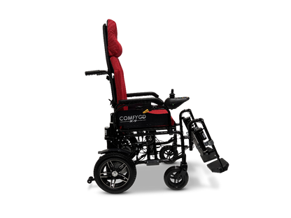 The ComfyGo X-9 Remote Controlled Powerchair features a red-cushioned seat with a black frame, complete with footrest, armrests, and right-side control panel, showcasing its sleek design and efficient functionality.