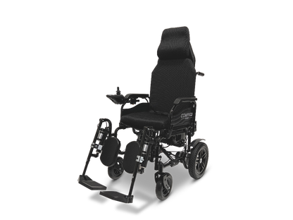 The ComfyGo X-9 Remote Controlled Powerchair offers a black padded seat and backrest with armrests, joystick control, and adjustable footrests. Its sturdy wheels and automatic reclining feature ensure optimal mobility and comfort for an excellent mobility solution.