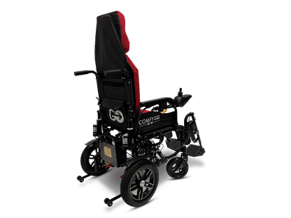 The ComfyGo X-9 Remote Controlled Powerchair - Automatic Reclining is showcased against a plain white background. This black and red electric wheelchair offers an adjustable headrest, sturdy wheels, joystick control, support bars, and ample side padding for advanced mobility.