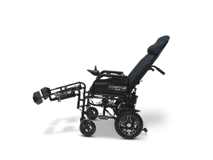 The ComfyGo X-9 Remote Controlled Powerchair offers adjustable seating, long footrests, and a head cushion. Designed for mobility, it features remote control and automatic reclining against a plain white background.
