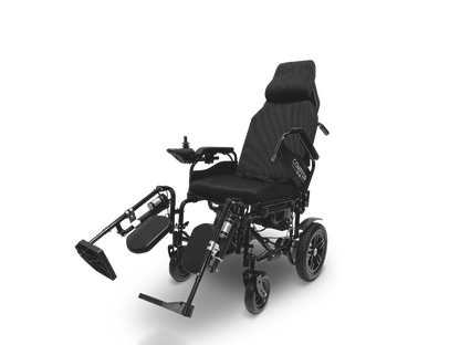 The ComfyGo X-9 Remote Controlled Powerchair is a sleek black electric wheelchair with automatic reclining, adjustable leg rests, cushioned seat and backrest, intuitive armrest controls, four wheels for stability, and smaller front wheels for easy maneuverability.