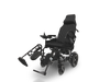 The ComfyGo X-9 Remote Controlled Powerchair is a sleek black electric wheelchair with automatic reclining, adjustable leg rests, cushioned seat and backrest, intuitive armrest controls, four wheels for stability, and smaller front wheels for easy maneuverability.