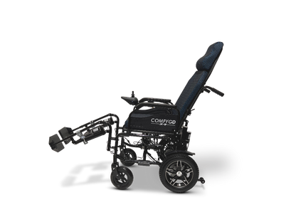 The ComfyGo X-9 Remote Controlled Powerchair offers a sleek black design with a reclining backrest and elevated footrests. It features modern wheels and remote-controlled functionality, displayed beautifully against a pristine white backdrop.