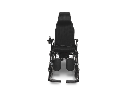 The ComfyGo X-9 Remote Controlled Powerchair, perfect for mobility needs, offers a black sleek design with high backrest and padded seat. Front view highlights armrests, footrests, and an intuitive control panel on the right armrest for easy operation.