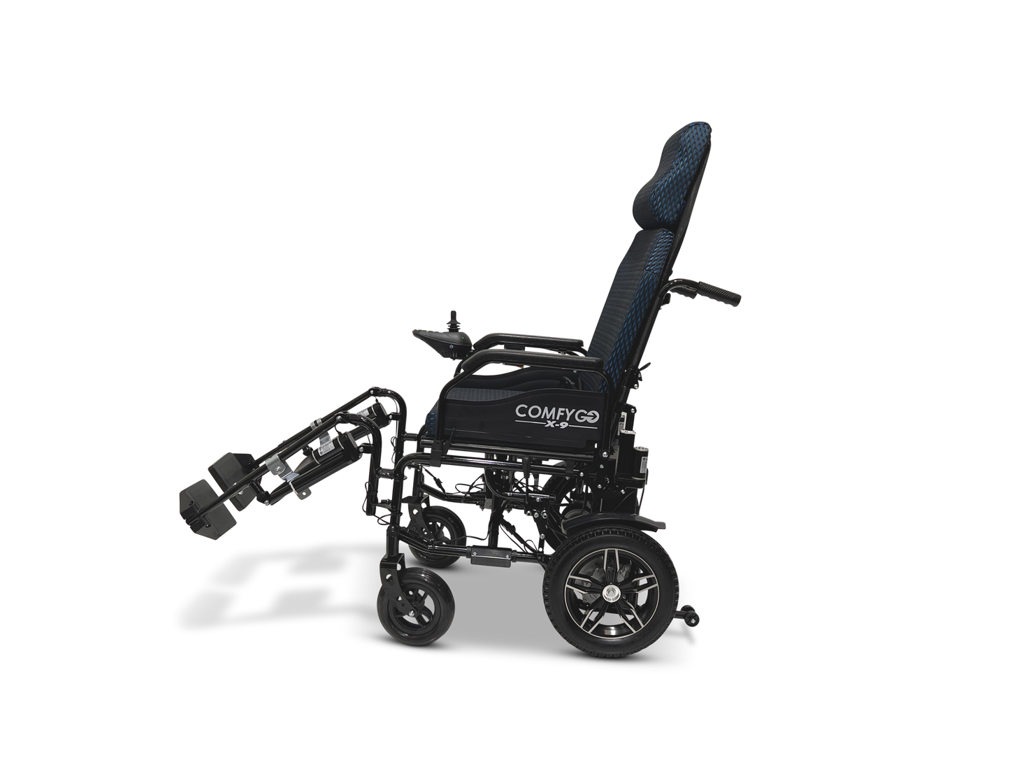 Side view of a black ComfyGo X-9 Remote Controlled Powerchair, featuring a cushioned seat, backrest, and elevated footrests. The compact design offers enhanced independence for users.