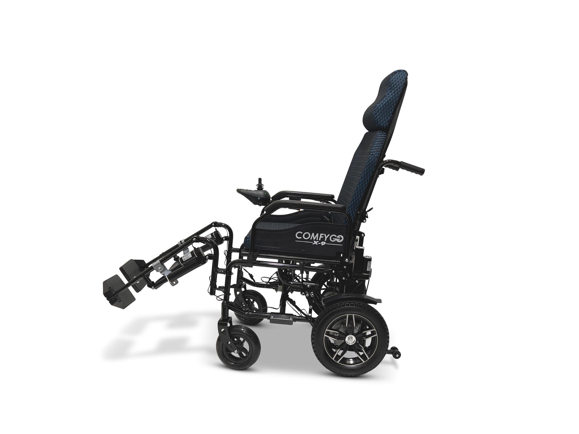 Side view of a black ComfyGo X-9 Remote Controlled Powerchair, featuring a cushioned seat, backrest, and elevated footrests. The compact design offers enhanced independence for users.