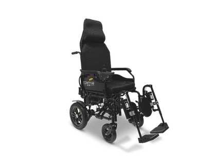 The ComfyGo X-9 Remote Controlled Powerchair provides a modern mobility solution with a black folding design, headrest, armrests, footrests, sturdy wheels for various terrains, and an adjustable compact design for comfort. This electric chair enhances mobility with ease and convenience through automatic reclining.
