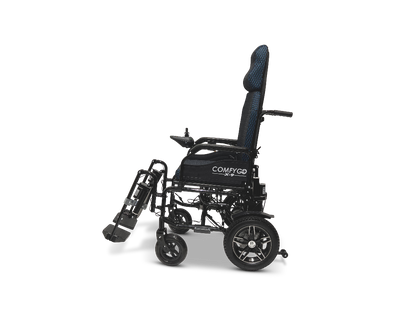 The ComfyGo X-9 Remote Controlled Powerchair—Automatic Reclining, offers a sleek black design with cushioned seating, armrests, a high backrest, and footrests for ultimate comfort and support.