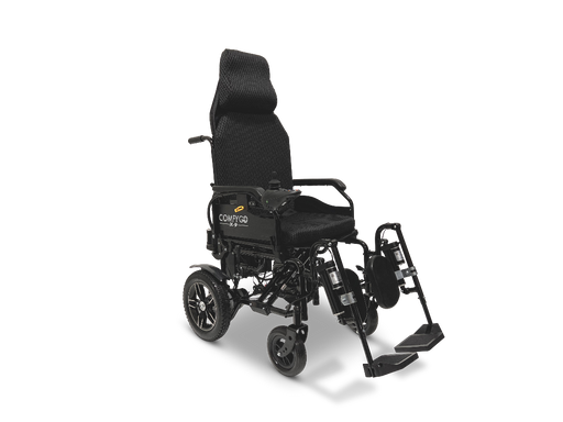 The ComfyGo X-9 Remote Controlled Powerchair provides a modern mobility solution with a black folding design, headrest, armrests, footrests, sturdy wheels for various terrains, and an adjustable compact design for comfort. This electric chair enhances mobility with ease and convenience through automatic reclining.