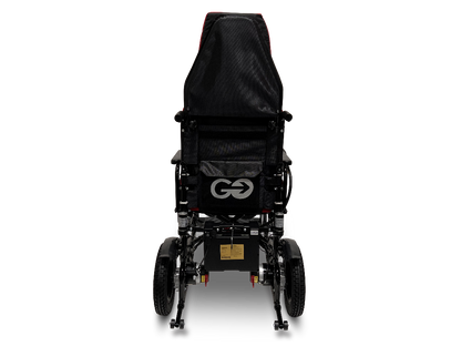 Rear view of the ComfyGo X-9 Remote Controlled Powerchair in black, featuring a mesh backrest and large rear wheels. A stylized arrow logo adorns the backrest, set against a plain white background to emphasize this advanced mobility solution.