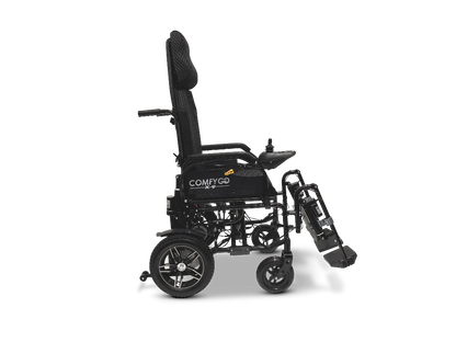 The ComfyGo X-9 Remote Controlled Powerchair is shown in profile against a white background. This black mobility solution, featuring large rear wheels, smaller front wheels, a headrest, folded footplate, and branded COMFYGO offers automatic reclining for added comfort.