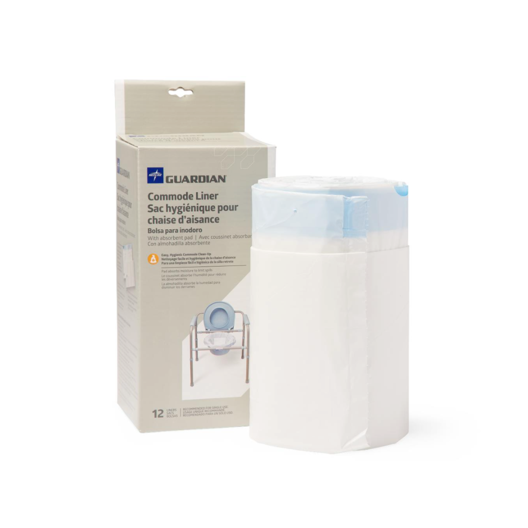 A box and a stack of Guardian commode liners, with the box displaying product details and an illustration of a commode chair, make it easy to compare these dependable commode liners to other popular options such as Medline Commode Liners with Dispenser Cutout.