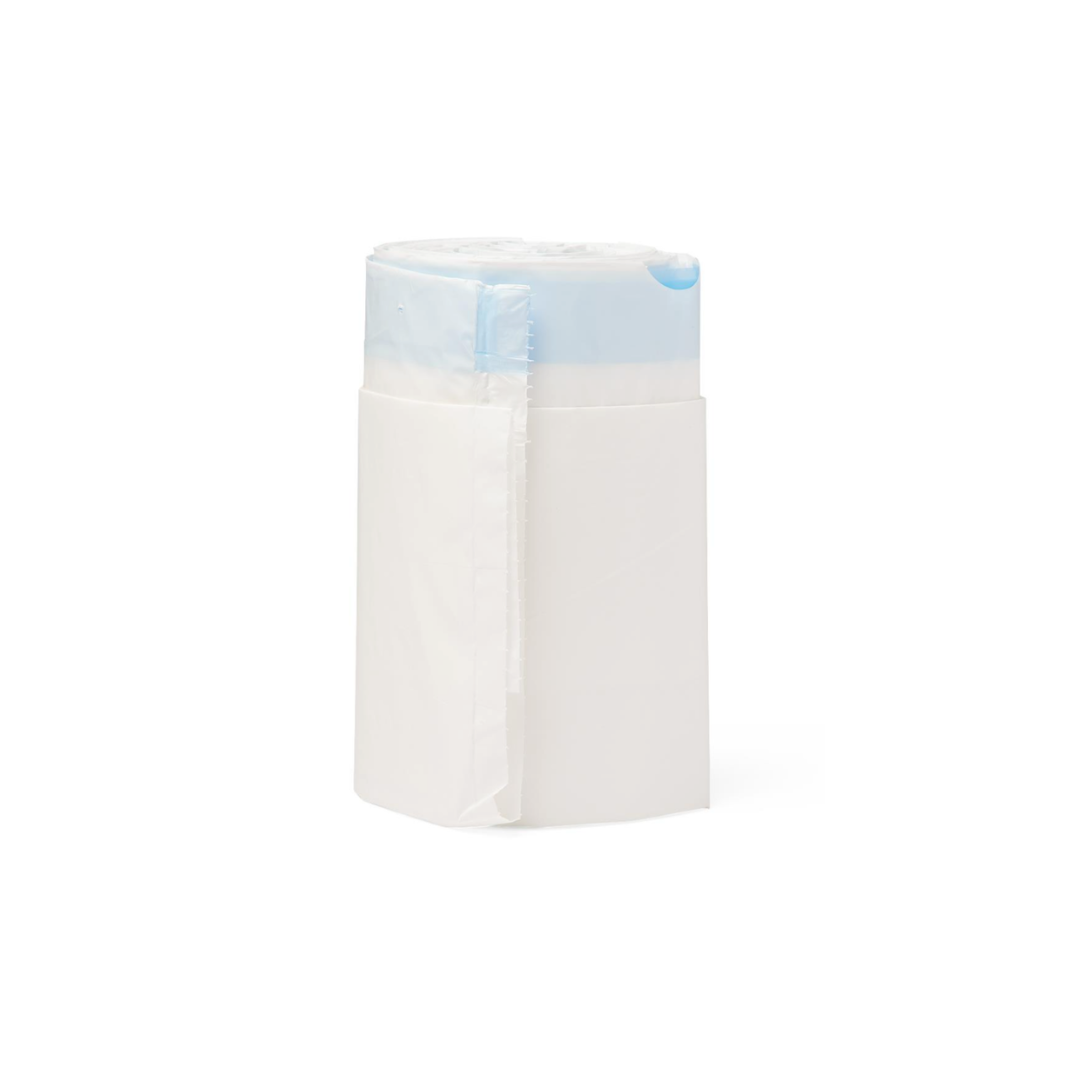 A cylindrical white package of Medline Commode Liners with Dispenser Cutout, featuring a partially visible light blue plastic top, stands upright on a plain white background.