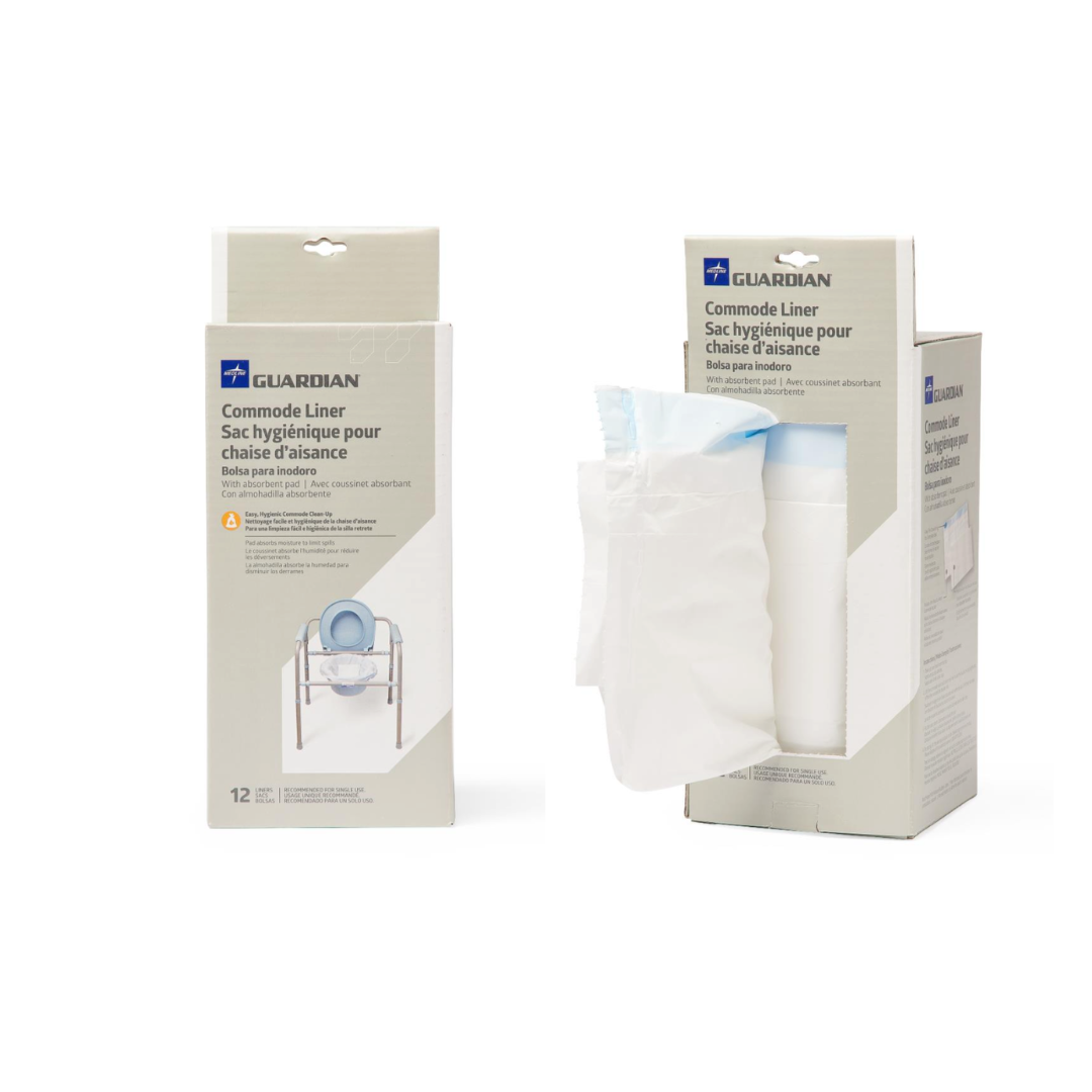 Two boxes of Medline Commode Liners with Dispenser Cutout are shown. One box is closed, displaying the product label, while the other is open, revealing the commode liners and an absorbent pad inside. Both boxes are white and gray.