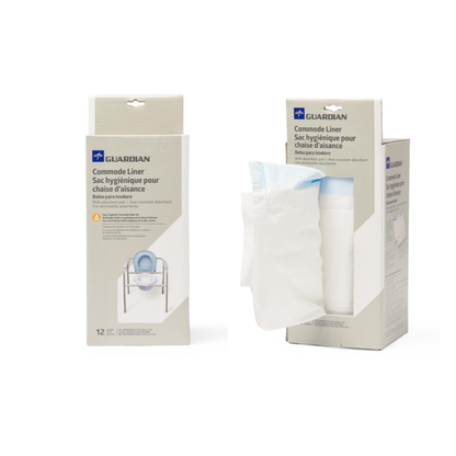 Two boxes of Medline Commode Liners with Dispenser Cutout are shown. One box is closed, displaying the product label, while the other is open, revealing the commode liners and an absorbent pad inside. Both boxes are white and gray.
